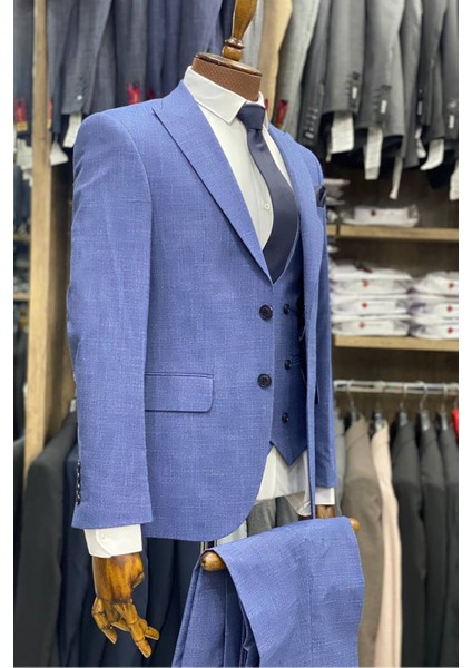 Slimfit Kesim Desenli Erkek Yelekli Takim Elbise-Mavi