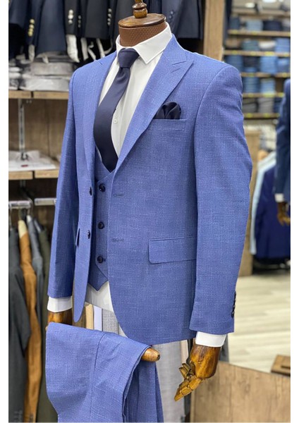 Slimfit Kesim Desenli Erkek Yelekli Takim Elbise-Mavi
