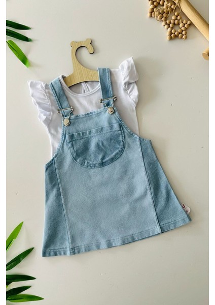 Kız Bebe Cepli Çift Renk Yumuşak Kot jile takım - Açık Mavi