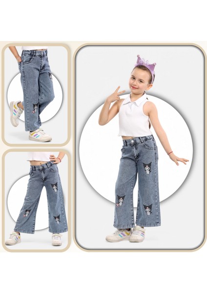 Kuromi Nakışlı-Kar Yıkamalı-Pamuklu-Mavi Kot-Denim-Jeans-Palazzo-Kız Çocuk Pantolonu