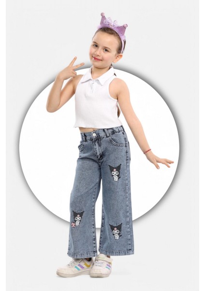 Kuromi Nakışlı-Kar Yıkamalı-Pamuklu-Mavi Kot-Denim-Jeans-Palazzo-Kız Çocuk Pantolonu