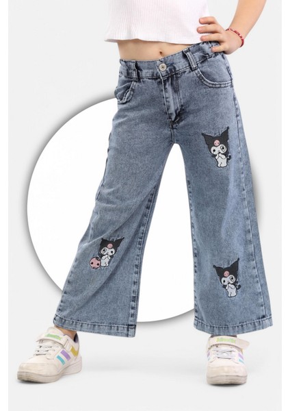 Kuromi Nakışlı-Kar Yıkamalı-Pamuklu-Mavi Kot-Denim-Jeans-Palazzo-Kız Çocuk Pantolonu