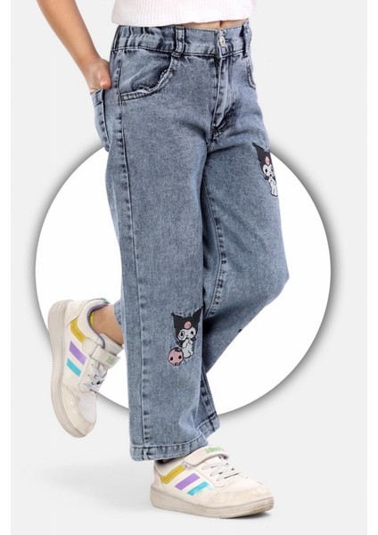 Kuromi Nakışlı-Kar Yıkamalı-Pamuklu-Mavi Kot-Denim-Jeans-Palazzo-Kız Çocuk Pantolonu