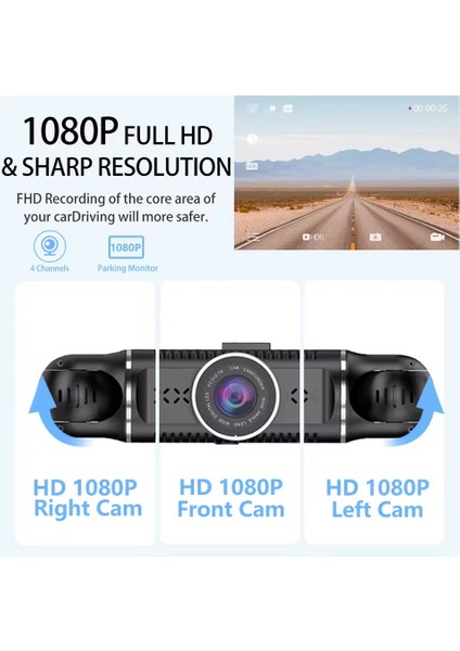 Hd Araç Kamerası 3.0inç IPS Ekran, Geniş Görüş Açısı Ön Arka ve Araç Içi 4 Kamera Kanal Desteği, Fhd 1920 * 1080P 30FPS, Tf Kart Desteği Dash Cam (S8)