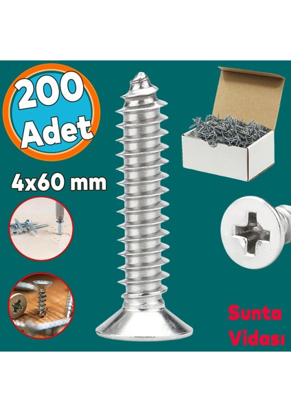 Sunta Vidası Sivri Uçlu Ahşap Tahta Ağaç Mobilya Ayak Kulp Vidası 4X60 mm Paket 200 Adet