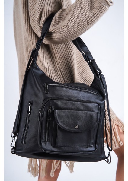 Kadın Yumuşak Deri Siyah Hem Kol Hem Sırt Çantası