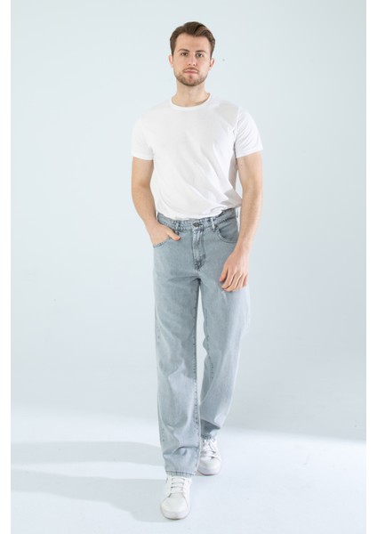 Erkek Baggy Fit Rahat Kalıp Açık Buz Mavisi Bol Paça Denim Kot Pantolon