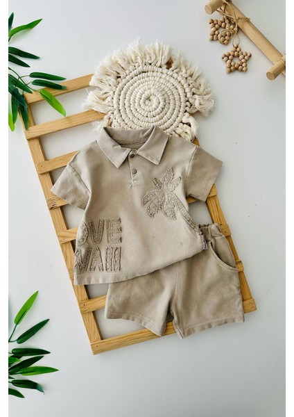 Love Palmiye Işlemeli Erkek Bebe Yumuşak Kotlu 2 li takım - Kahve