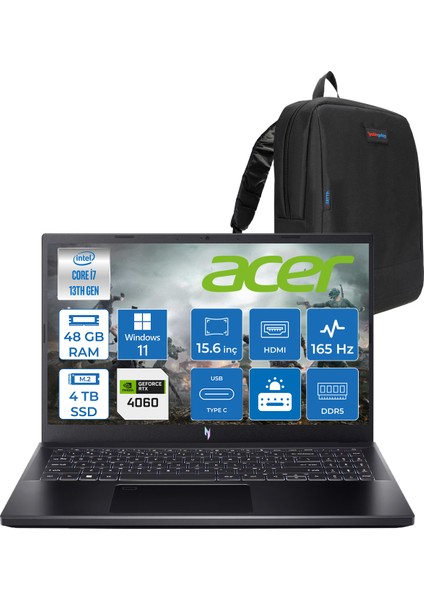 Nitro V 15 ANV15 Intel Core I7 13620H 48GB Ddr5 4tb SSD 8GB/RTX4060 75W 15.6" Fhd IPS 165HZ Windows 11 Pro Gaming Laptop NHQQEEY002W15+ZETTAÇANTA