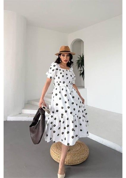 Kemerli Kare Yaka Çiçek Desenli Midi Boy Özel Tasarım Elbise DPKS4104