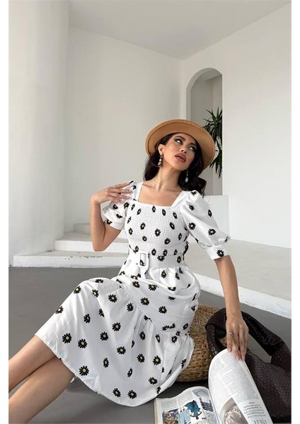 Kemerli Kare Yaka Çiçek Desenli Midi Boy Özel Tasarım Elbise DPKS4104 fiyatları