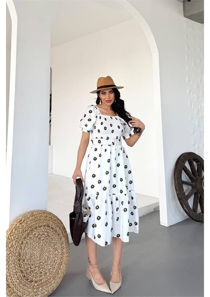 Kemerli Kare Yaka Çiçek Desenli Midi Boy Özel Tasarım Elbise DPKS4104 modelleri