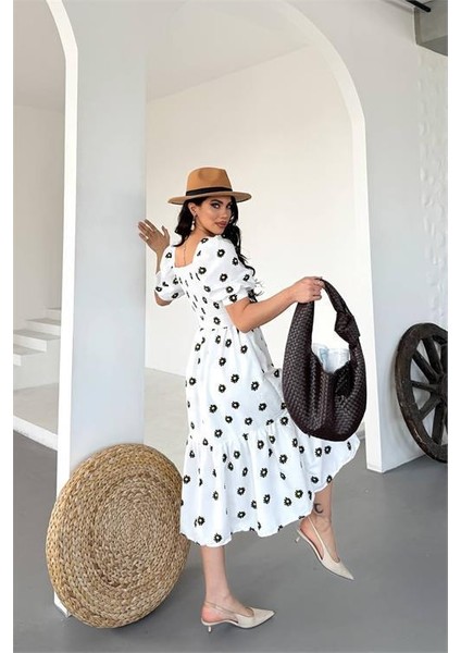 Kemerli Kare Yaka Çiçek Desenli Midi Boy Özel Tasarım Elbise DPKS4104 indirimleri