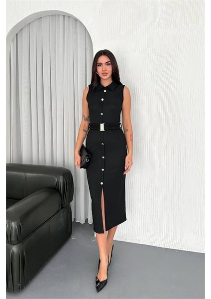 Düğme Detaylı Kemerli Gömlek Elbise DPK4195