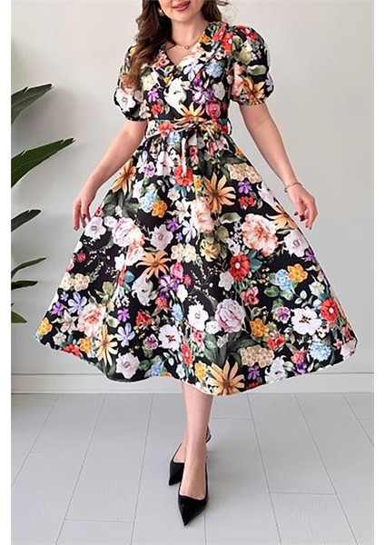 Kuşaklı Poplin Kumaş Çiçek Desenli Elbise DPMY3467