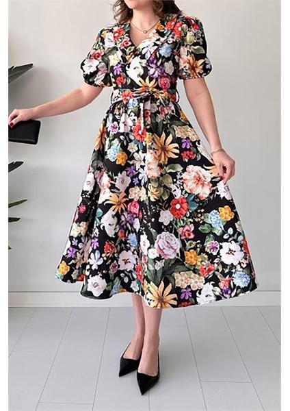 Kuşaklı Poplin Kumaş Çiçek Desenli Elbise DPMY3467 fiyatları