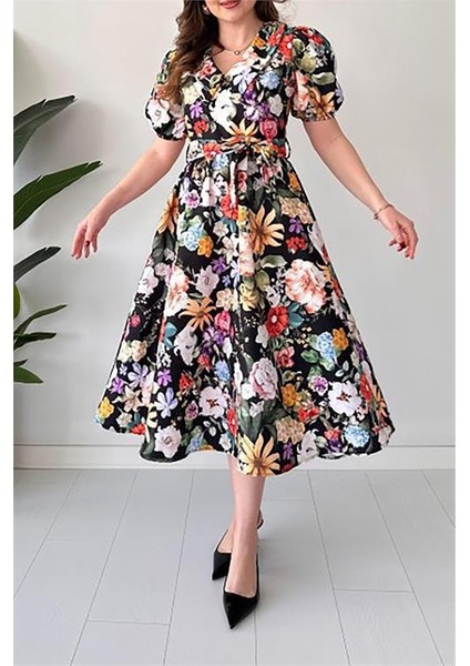 Kuşaklı Poplin Kumaş Çiçek Desenli Elbise DPMY3467 fırsatları