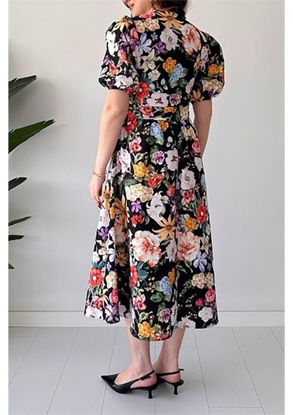Kuşaklı Poplin Kumaş Çiçek Desenli Elbise DPMY3467 indirimleri