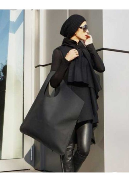 Asimetrik Model Siyah Hakiki Deri El Portföy Clutch