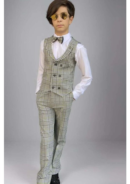 Erkek Çocuk Ekose Çizgili Şal Yaka Yelek ve Pantolon Yeşil Takım Elbise