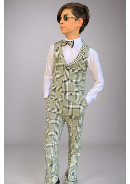 Erkek Çocuk Ekose Çizgili Şal Yaka Yelek ve Pantolon Yeşil Takım Elbise fiyatları