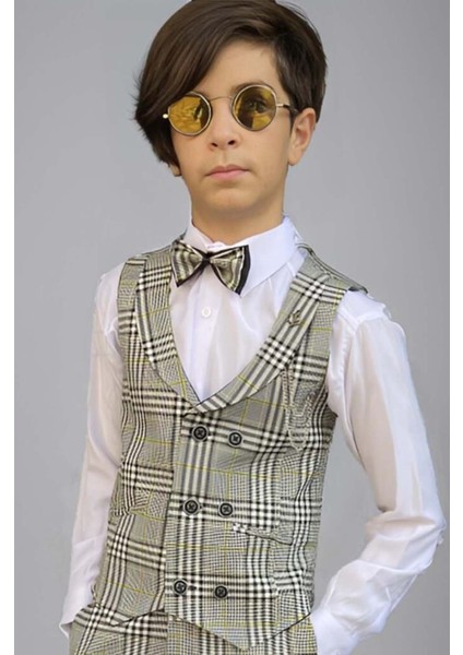 Erkek Çocuk Ekose Çizgili Şal Yaka Yelek ve Pantolon Yeşil Takım Elbise fırsatları