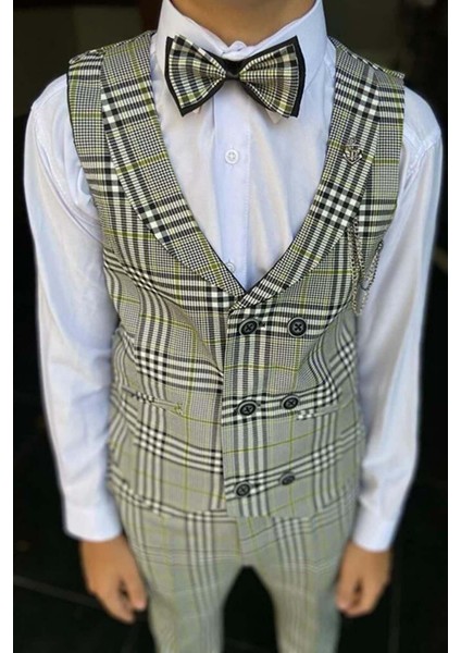 Erkek Çocuk Ekose Çizgili Şal Yaka Yelek ve Pantolon Yeşil Takım Elbise indirimleri