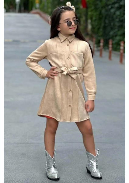 Kız Çocuk Kemer Detaylı Nubuk Ceket Fitilli Kumaş Uzun Kollu Turuncu Elbise