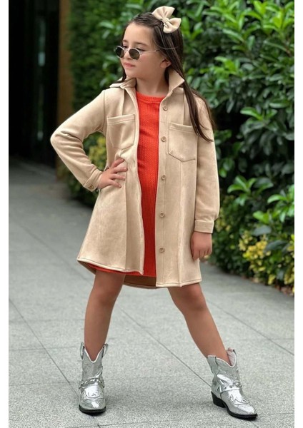 Kız Çocuk Kemer Detaylı Nubuk Ceket Fitilli Kumaş Uzun Kollu Turuncu Elbise fiyatları