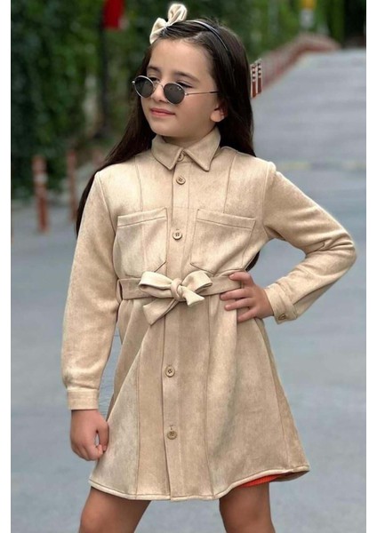 Kız Çocuk Kemer Detaylı Nubuk Ceket Fitilli Kumaş Uzun Kollu Turuncu Elbise modelleri
