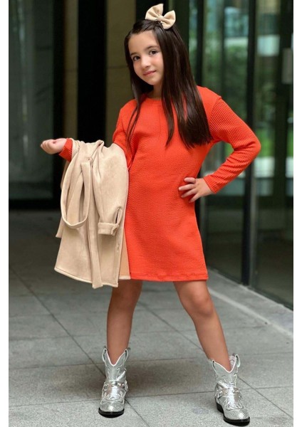 Kız Çocuk Kemer Detaylı Nubuk Ceket Fitilli Kumaş Uzun Kollu Turuncu Elbise fırsatları