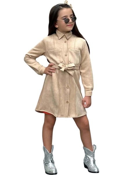 Kız Çocuk Kemer Detaylı Nubuk Ceket Fitilli Kumaş Uzun Kollu Turuncu Elbise indirimleri