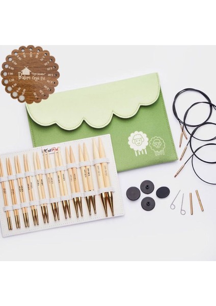 Knitpro Japan Bamboo Değiştirilebilir Misinalı Şiş Seti + Balım Örgü Evi Şiş Ölçer