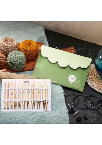 Knitpro Japan Bamboo Değiştirilebilir Misinalı Şiş Seti + Balım Örgü Evi Şiş Ölçer modelleri