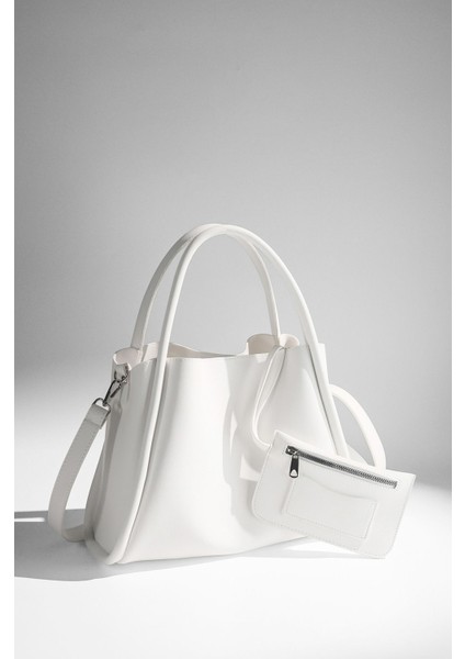 Kadın Beyaz Deri Cüzdanlı El Ve Omuz Çanta