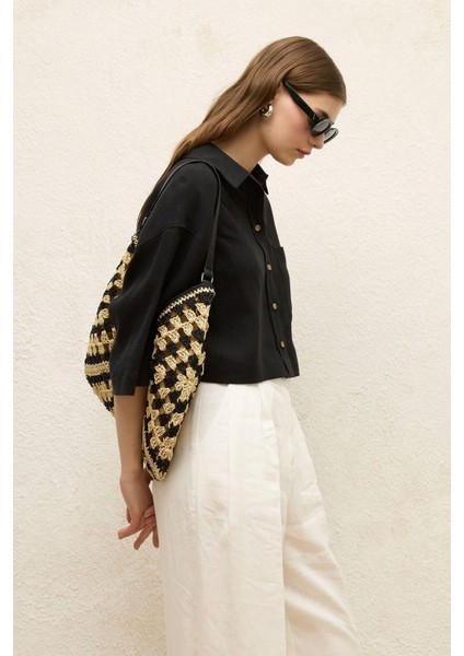 Desenli Hasır Kol Çantası Siyah fiyatları