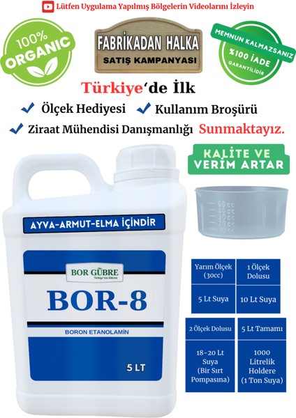 Ayva, Armut, Elma , için Organik Sıvı Gübre Bor-8 5lt Kalite ve Verim Artar, Korur ve Geliştirir.
