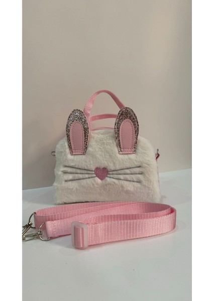 Çocuk Omuz Çantası Pembe Peluşlu Kedi Ve Kalp Desenli
