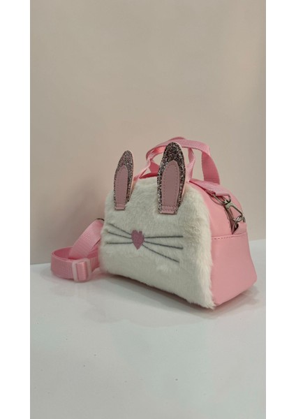 Çocuk Omuz Çantası Pembe Peluşlu Kedi Ve Kalp Desenli fiyatları
