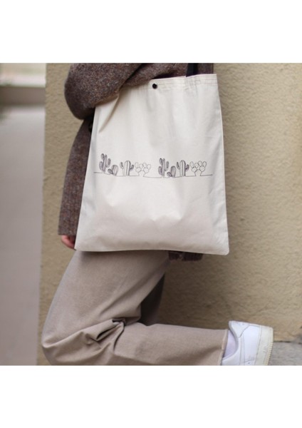 Kadın Kaktüs Tasarım Çıtçıtlı Bez Çanta