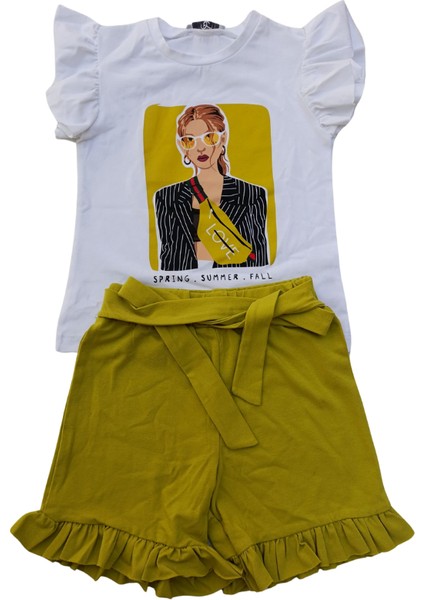 Kız Çocuk T-Shirt Şort Ikili Takım Penye 4 Yaş Beyaz - Yeşil