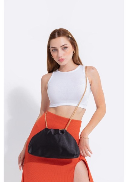 Siyah Kadın Saten Kumaş Zincirli Omuz Çantası indirimleri