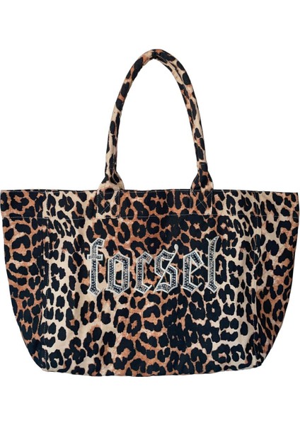 Leopar Desen Nakış Ve Taş Detaylı Tote Çanta