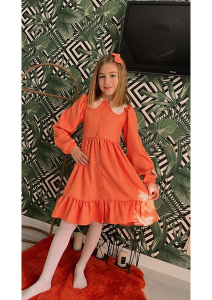 Wednesday Hazır Yaka Vintage Çocuk Elbise Somon