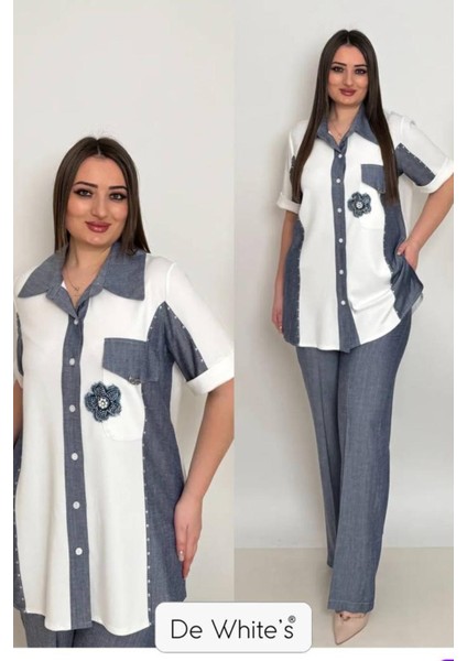Büyük Beden Garnili 2 Li Gömlekli Pantolonlu Takım modelleri