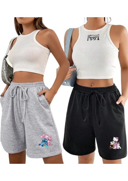 Siyah Gri 2'li Düz Renk Kadın Regular Şort Lilo Stitch Kuromi Hellokitty