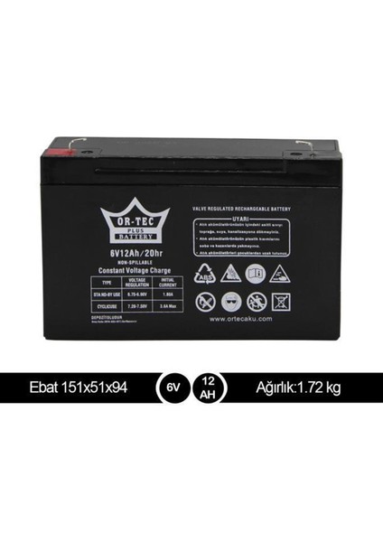6 Volt 12 Amper Oyuncak Akülü Araba Için Akü ve Şarj Aleti