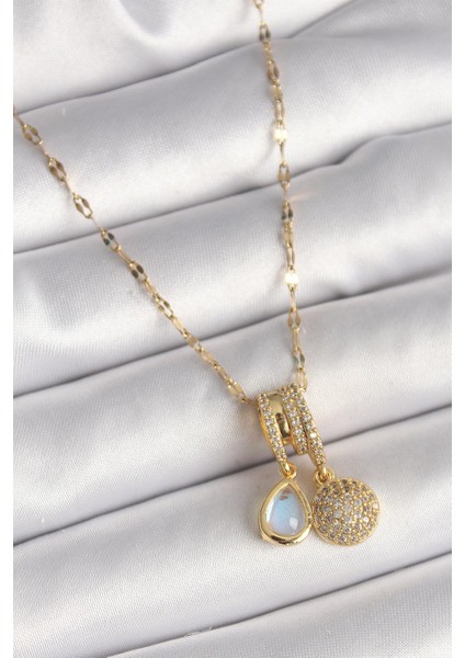 Çelik Gold Renk Zincir Zirkon Taşlı Sallantı Mavi Sedefli Damla Figür Kadın Kolye