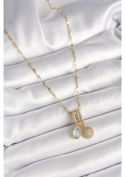 Çelik Gold Renk Zincir Zirkon Taşlı Sallantı Mavi Sedefli Damla Figür Kadın Kolye fiyatları