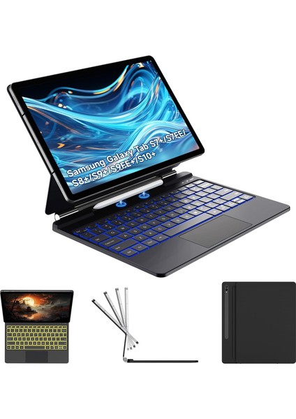 Samsung Galaxy Tab S9 Fe Plus 12.4" Tablet Uyumlu Magic Keyboard Touchpad Rgb Işıklı Klavyeli Kılıf Magnetik Kalem Yuvalı SM-X610